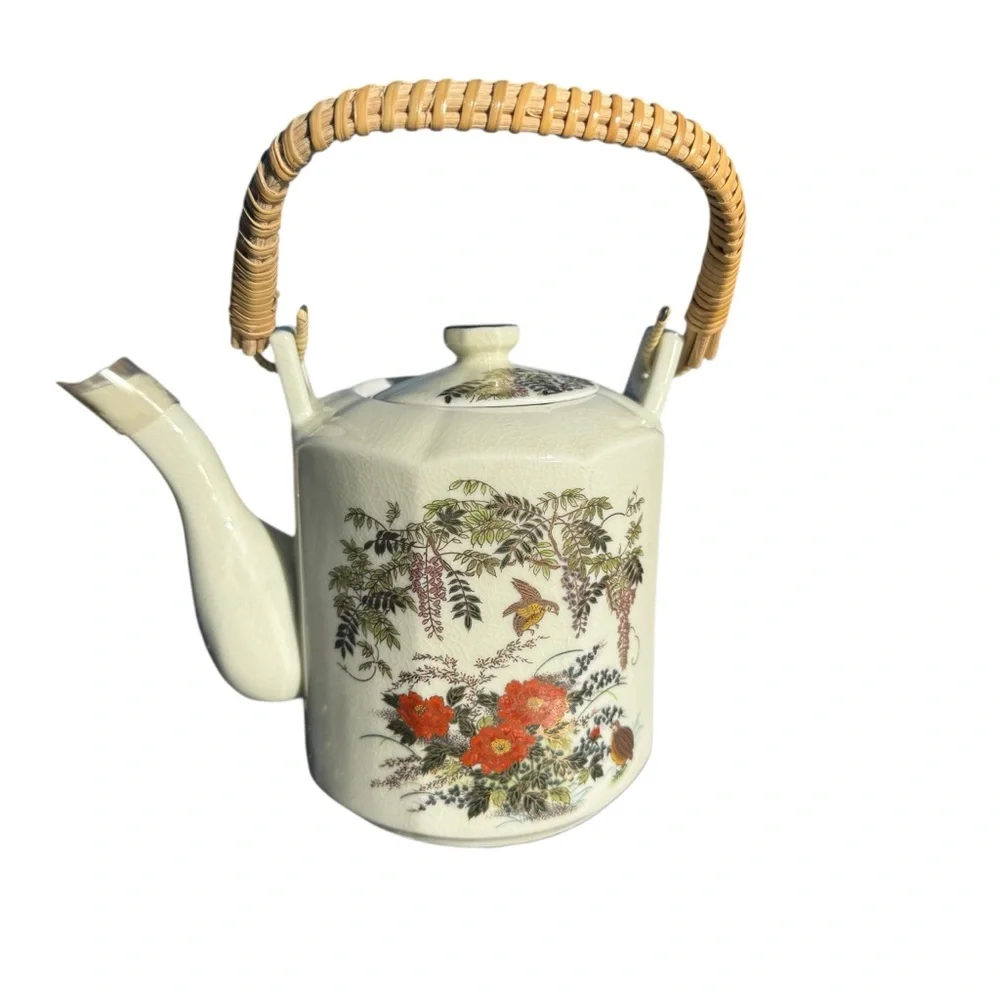 VINTAGE SATSUMA JAPAN PORCELAIN TEAPOT & SIX CUPS SET — FLORAL & BIRD DESIGN
